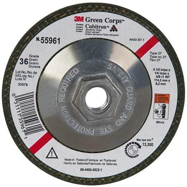 3M - 36 Grit, 4-1/2" Wheel Diam, 1/4" Wheel Thickness, Type 27 Depressed Center Wheel - Ceramic, 13,300 Max RPM, Compatible with Angle Grinder - A1 Tooling