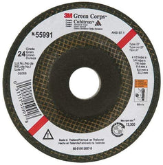 3M - 24 Grit, 4-1/2" Wheel Diam, 1/4" Wheel Thickness, 7/8" Arbor Hole, Type 27 Depressed Center Wheel - Ceramic, 13,300 Max RPM, Compatible with Angle Grinder - A1 Tooling