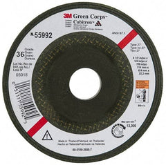 3M - 36 Grit, 4-1/2" Wheel Diam, 1/4" Wheel Thickness, 7/8" Arbor Hole, Type 27 Depressed Center Wheel - Ceramic, 13,300 Max RPM, Compatible with Angle Grinder - A1 Tooling