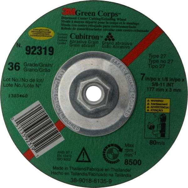 3M - 36 Grit, 7" Wheel Diam, 1/8" Wheel Thickness, Type 27 Depressed Center Wheel - Ceramic, 8,500 Max RPM, Compatible with Angle Grinder - A1 Tooling