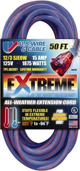 Value Collection - 50', 12/3 Gauge/Conductors, Blue/Pink Indoor & Outdoor Extension Cord - 1 Receptacle, 15 Amps, 125 Volts, UL SJEOW, NEMA 5-15P - A1 Tooling