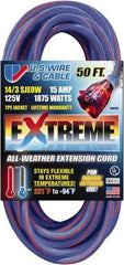 Value Collection - 50', 14/3 Gauge/Conductors, Blue/Pink Indoor & Outdoor Extension Cord - 1 Receptacle, 15 Amps, 125 Volts, UL SJEOW, NEMA 5-15P - A1 Tooling