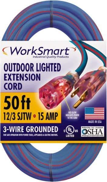 Value Collection - 50', 12/3 Gauge/Conductors, Blue/Red Outdoor Extension Cord - 1 Receptacle, 15 Amps, UL SJTW, NEMA 5-15P - A1 Tooling