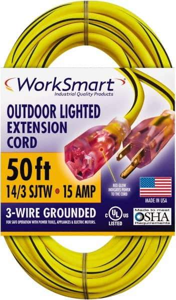 Value Collection - 50', 14/3 Gauge/Conductors, Yellow/Black Outdoor Extension Cord - 1 Receptacle, 15 Amps, UL SJTW, NEMA 5-15P - A1 Tooling