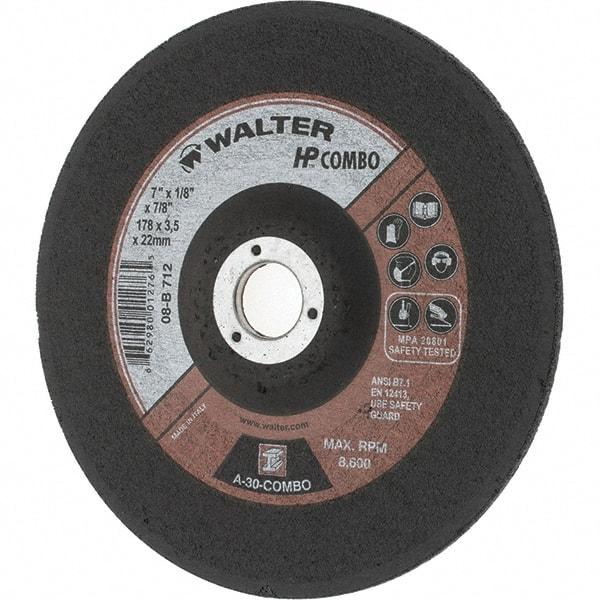 Value Collection - 30 Grit, 7" Wheel Diam, 1/8" Wheel Thickness, 7/8" Arbor Hole, Type 27 Depressed Center Wheel - Aluminum Oxide, Resinoid Bond, 8,600 Max RPM - A1 Tooling