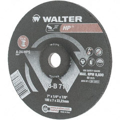 Value Collection - 24 Grit, 7" Wheel Diam, 1/4" Wheel Thickness, 7/8" Arbor Hole, Type 27 Depressed Center Wheel - Aluminum Oxide, Resinoid Bond, 8,600 Max RPM - A1 Tooling