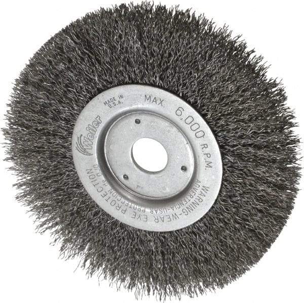 Weiler - 6" OD, 3/4" Arbor Hole, Crimped Wheel Brush - 1/2" Face Width, 1-7/16" Trim Length, 0.014" Filament Diam, 6,000 RPM - A1 Tooling