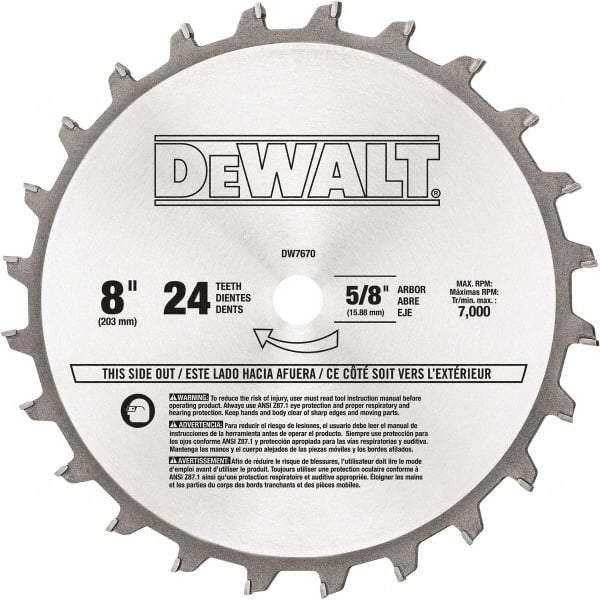 DeWALT - 8" Diam, 5/8" Arbor Hole Diam, 24 Tooth Wet & Dry Cut Saw Blade - Tungsten Carbide-Tipped, Standard Round Arbor - A1 Tooling