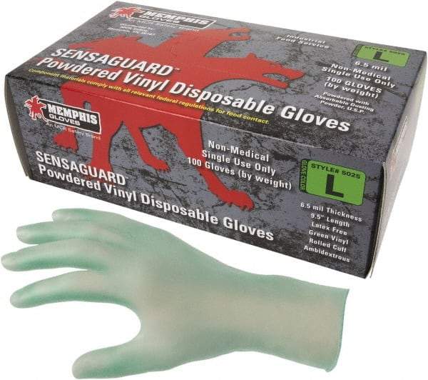 MCR Safety - Size L, 6-1/2 mil, Industrial Grade, Powdered Vinyl Disposable Gloves - 9-1/2" Long, Green, Smooth Rolled Cuffs, FDA Approved, Ambidextrous - A1 Tooling