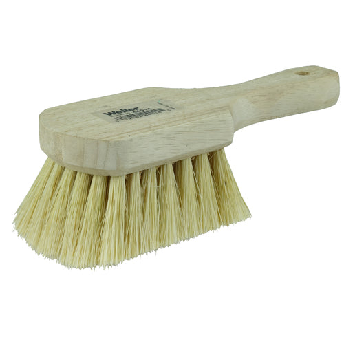 8″ Utility Scrub Brush, White Tampico Fill, Short Handle, Wood Block - A1 Tooling