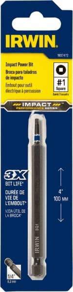 Irwin - #1" Square Size Square Recess Bit - 1/4" Hex Drive, 4" OAL - A1 Tooling