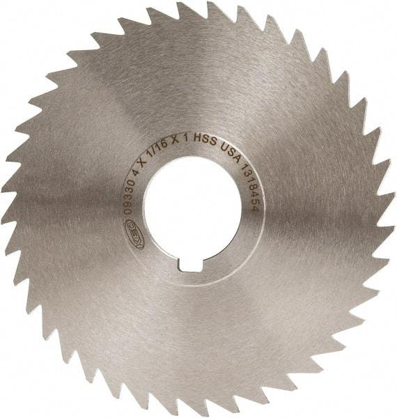 Keo - 4" Diam x 1/16" Blade Thickness x 1" Arbor Hole Diam, 40 Tooth Slitting and Slotting Saw - Arbor Connection, Right Hand, Uncoated, High Speed Steel, Concave Ground, Contains Keyway - A1 Tooling