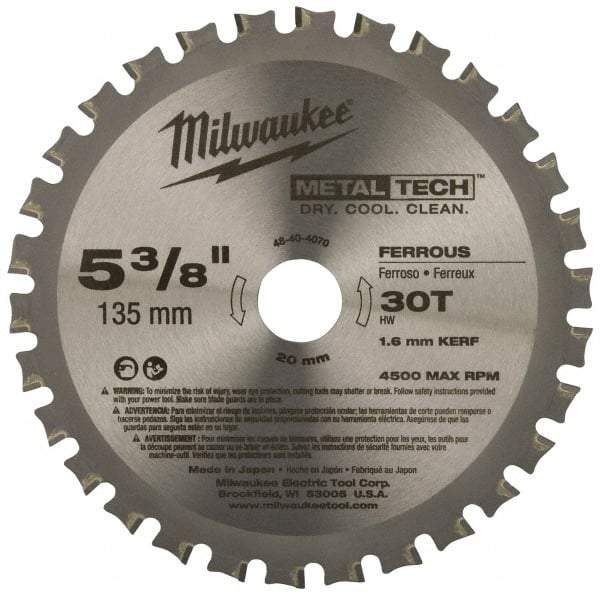 Milwaukee Tool - 5-3/8" Diam, 20mm Arbor Hole Diam, 30 Tooth Wet & Dry Cut Saw Blade - Carbide-Tipped, Standard Round Arbor - A1 Tooling