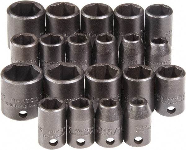 Proto - 20 Piece 3/8" Drive Chrome Finish Impact Socket Set - 6 Points, 1/4" to 3/4" (7mm to 17mm) Range, Inch/Metric Measurement Standard - A1 Tooling