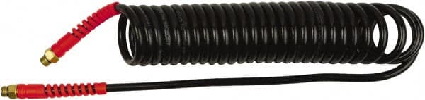 PRO-SOURCE - 1/4" ID, 1/4 Thread, 5' Long, Black Polyurethane Coiled & Self Storing Hose - 145 Max psi, Male Swivel x Male Swivel - A1 Tooling