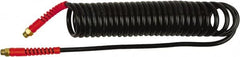 PRO-SOURCE - 1/4" ID, 1/4 Thread, 10' Long, Black Polyurethane Coiled & Self Storing Hose - 145 Max psi, Male Swivel x Male Swivel - A1 Tooling