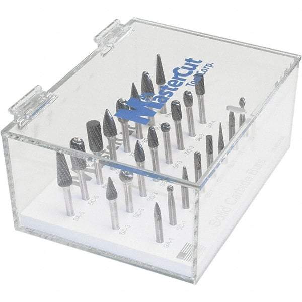 Made in USA - 24 Piece, 1/4" Shank Burr Set - Multiple Head Shapes, Solid Carbide, 14° Included Angle - A1 Tooling