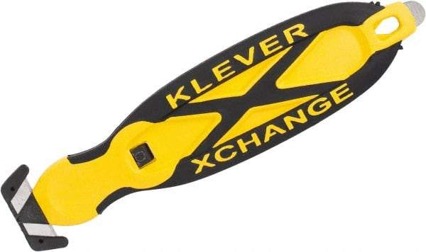 Klever Innovations - Recessed/Hook Blade Box Cutter - 5-3/4" Carbon Steel Blade, Yellow Plastic Handle, 2 Blades Included - A1 Tooling