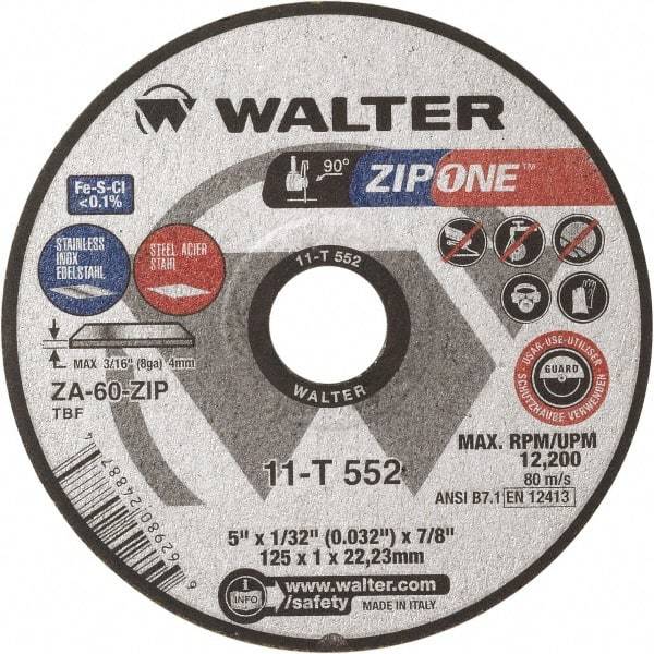 WALTER Surface Technologies - 5" Zirconia Alumina Cutoff Wheel - 1/32" Thick, 7/8" Arbor, 12,200 Max RPM, Use with Angle Grinders - A1 Tooling