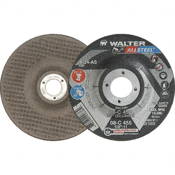 WALTER Surface Technologies - 24 Grit, 4-1/2" Wheel Diam, 1/4" Wheel Thickness, 7/8" Arbor Hole, Type 27 Depressed Center Wheel - Exact Industrial Supply