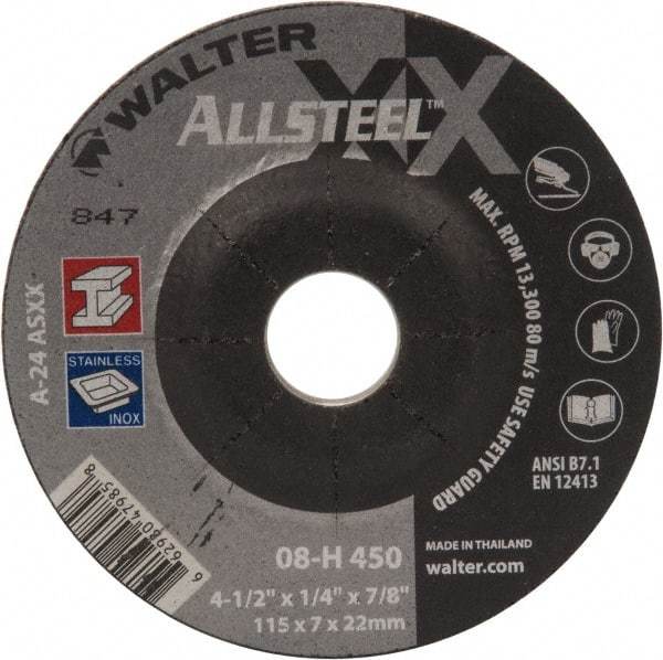 WALTER Surface Technologies - 24 Grit, 4-1/2" Wheel Diam, 1/4" Wheel Thickness, 7/8" Arbor Hole, Type 27 Depressed Center Wheel - Aluminum Oxide, 13,300 Max RPM - A1 Tooling