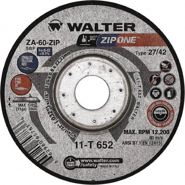 WALTER Surface Technologies - 60 Grit, 5" Wheel Diam, 1/32" Wheel Thickness, 7/8" Arbor Hole, Type 27 Depressed Center Wheel - Zirconia Alumina, Resinoid Bond, 12,200 Max RPM - A1 Tooling