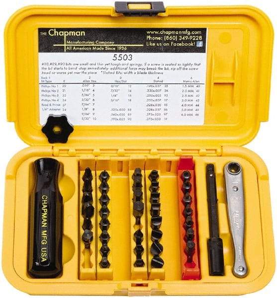 Chapman - 40 Piece, 1/4" Drive Screwdriver Bit Set - #1 to #4 Phillips, 0.05 to 5/16" Hex - A1 Tooling