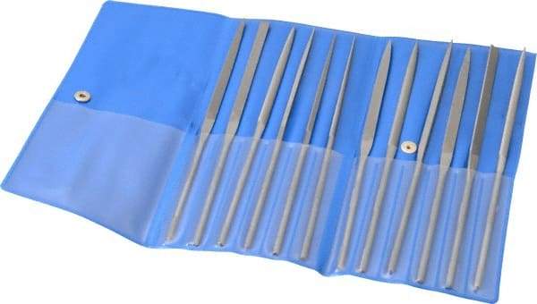 PFERD - 12 Piece Needle Pattern File Set - 6-1/4" Long, 0 Coarseness, Set Includes Flat, Hand, Crossing, Three Square, Square, Round, Half Round, Knife, Barrette, Flat with Round Edges, Crossing Oval - A1 Tooling