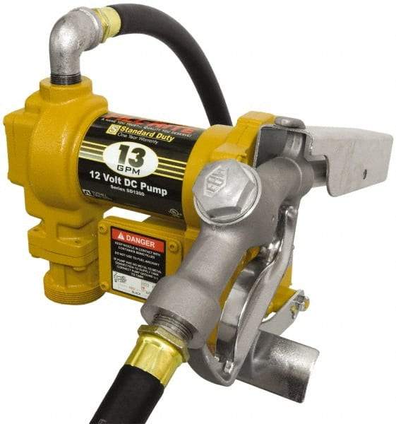 Tuthill - 13 GPM, 3/4" Hose Diam, DC Tank Pump with Manual Nozzle - 1" Inlet, 3/4" Outlet, 12 Volts, 10' Hose Length, 1/4 hp - A1 Tooling