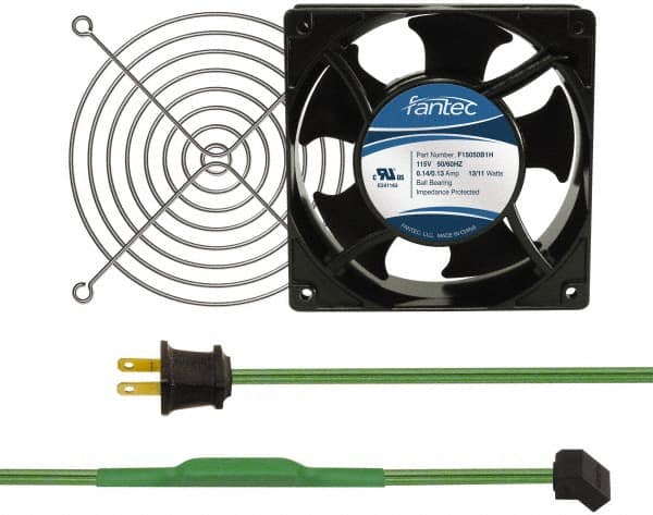 Made in USA - 115 Volts, AC, 80 CFM, Square Tube Axial Fan Kit - 0.18 Amp Rating, 120mm High x 120mm Wide x 38.5mm Deep, Includes Fan, Fan Guard, Thermostatically Controlled Fan Cord - A1 Tooling