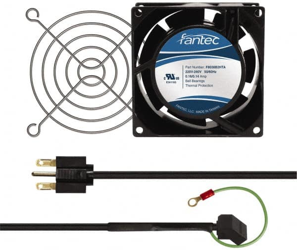 Made in USA - 230 Volts, AC, 32 CFM, Square Tube Axial Fan Kit - 0.06/0.05 Amp Rating, 3.15" High x 3" Wide x 38.5mm Deep, Includes Fan, Fan Filter, Fan Cord - A1 Tooling