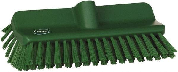 Vikan - 1-1/2" Bristle Length, Polyester Cleaning & Finishing Brush - 9-5/8" Long x 5" Wide Head, 10" OAL, European Threaded Handle, Green, Polypropylene Block - A1 Tooling