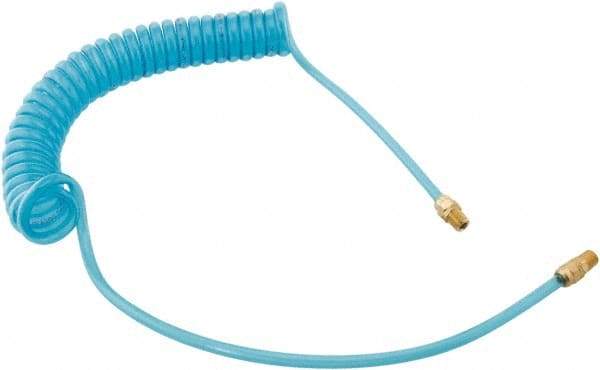 Parker - 3/8" ID, 3/8 Thread, 10' Long, Transparent Blue 95A Shore Durometer Polyurethane Coiled & Self Storing Hose - 140 Max psi, Male Rigid x Male Swivel - A1 Tooling