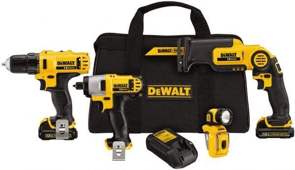 DeWALT - 12 Volt Cordless Tool Combination Kit - Includes 3/8" Drill/Driver, 1/4" Impact Driver, Pivot Reciprocating Saw & LED Worklight, Lithium-Ion Battery Included - A1 Tooling