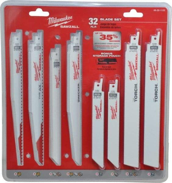 Milwaukee Tool - 32 Piece, 6" to 9" Long x 0.04" to 0.05" Thick, Bi-Metal Reciprocating Saw Blade Set - Straight Profile, 5-8 to 24 Teeth per Inch, Toothed Edge - A1 Tooling