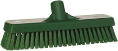 Vikan - 1.7" Bristle Length, Polyester Scrub Brush - 11-1/4" Long x 3" Wide Head, 12" OAL, European Threaded Handle, Green, Polypropylene Block - A1 Tooling