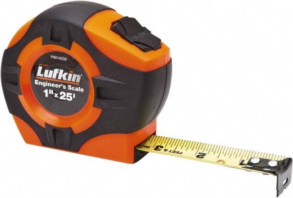 Lufkin - 25' x 1" Yellow Blade Tape Measure - 1/16" & 1/10 & 1/100' Graduation, A4 Graduation Style, High-Visibility Orange Case - A1 Tooling