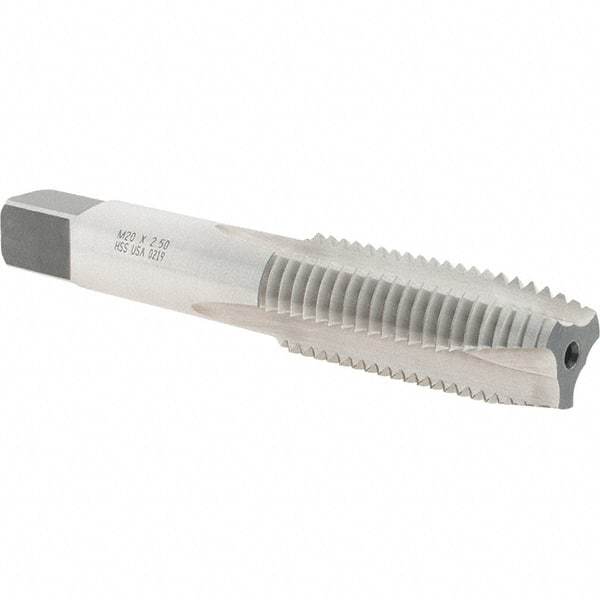 Made in USA - M20x2.50 Metric Coarse, 3 Flute, Bright Finish, High Speed Steel Spiral Point Tap - Plug Chamfer, Right Hand Thread, 4-15/32" OAL, 2" Thread Length, 0.652" Shank Diam - Exact Industrial Supply