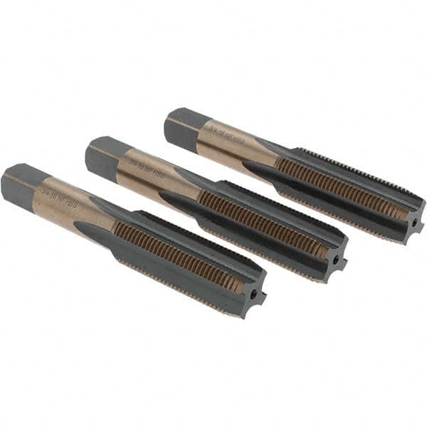 Import - 3/4-16 UNF, 4 Flute, Bottoming, Plug & Taper, Oxide/Gold Finish, High Speed Steel Tap Set - 4-1/4" OAL - Exact Industrial Supply