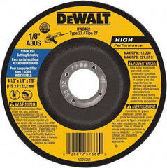 DeWALT - 30 Grit, 4-1/2" Wheel Diam, 1/8" Wheel Thickness, 7/8" Arbor Hole, Type 27 Depressed Center Wheel - Aluminum Oxide, 13,300 Max RPM, Compatible with Angle Grinder - A1 Tooling