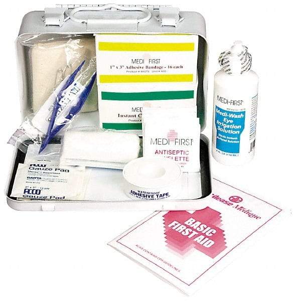 Medique - 52 Piece, 5 Person, Multipurpose/Auto/Travel First Aid Kit - 7-3/4" Wide x 2-3/4" Deep x 4-3/4" High, Metal Case - A1 Tooling