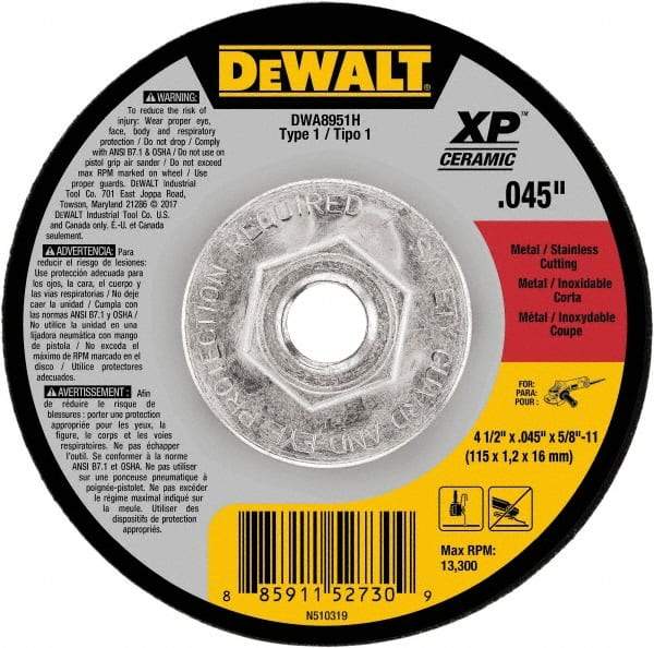 DeWALT - 4-1/2" Ceramic Cutoff Wheel - 0.045" Thick, 5/8-11 Arbor, 13,300 Max RPM, Use with Angle Grinders - A1 Tooling