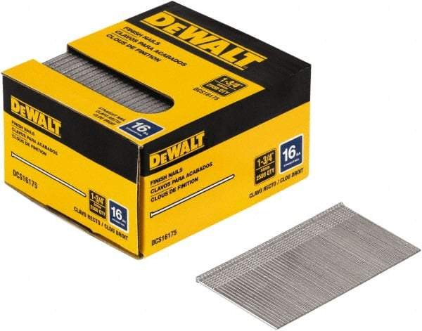 DeWALT - 16 Gauge 1-3/4" Long Finishing Nails for Power Nailers - Steel, Bright Finish, Smooth Shank, Angled Stick Collation, Round Head, Chisel Point - A1 Tooling