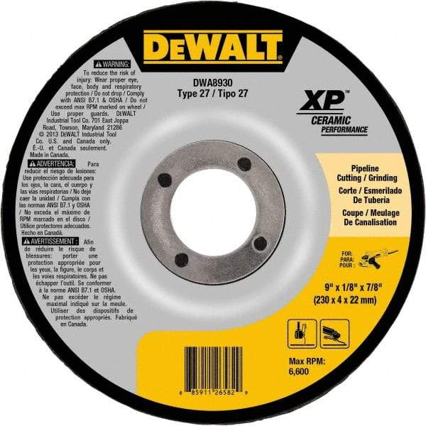 DeWALT - 24 Grit, 9" Wheel Diam, 7/8" Arbor Hole, Type 27 Depressed Center Wheel - Coarse/Medium Grade, Ceramic, N Hardness, 6,600 Max RPM - A1 Tooling