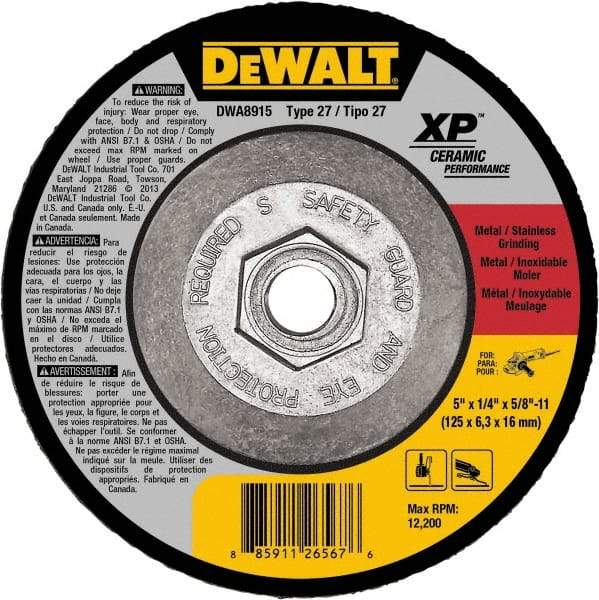 DeWALT - 24 Grit, 5" Wheel Diam, Type 27 Depressed Center Wheel - Coarse/Medium Grade, Ceramic, N Hardness, 12,200 Max RPM - A1 Tooling