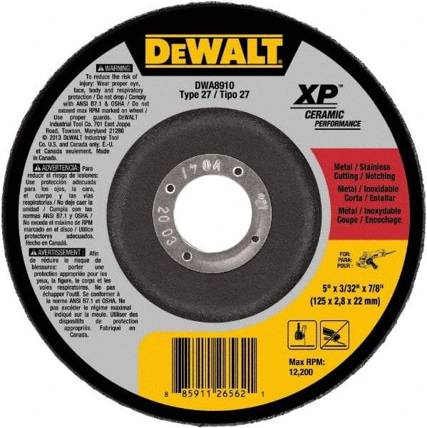 DeWALT - 24 Grit, 5" Wheel Diam, 7/8" Arbor Hole, Type 27 Depressed Center Wheel - Coarse/Medium Grade, Ceramic, N Hardness, 12,200 Max RPM - A1 Tooling