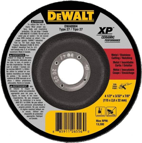 DeWALT - 24 Grit, 4-1/2" Wheel Diam, 7/8" Arbor Hole, Type 27 Depressed Center Wheel - Coarse/Medium Grade, Ceramic, N Hardness, 13,300 Max RPM - A1 Tooling