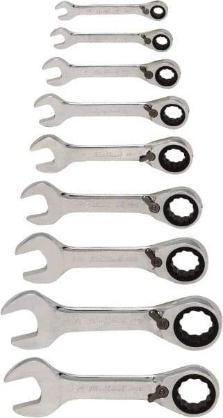 Blackhawk by Proto - 9 Piece, 1/4" to 3/4", Stubby Ratcheting Reversible Combination Wrench Set - Inch Measurement Standard, Chrome Finish, Comes in Case - A1 Tooling