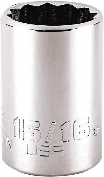 Proto - 15/16", 1/2" Drive, Standard Hand Socket - 12 Points, 1-7/8" OAL, Steel, Chrome Finish - A1 Tooling