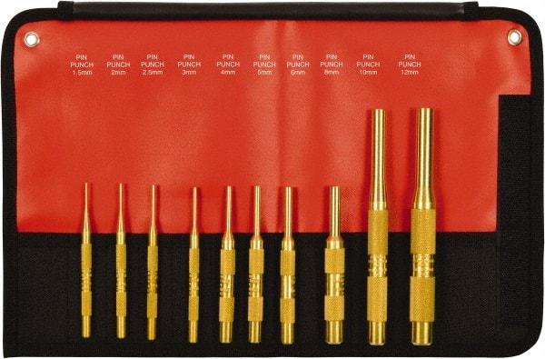 Mayhew - 10 Piece, 1.5 to 12mm, Pin Punch Set - Round Shank, Brass, Comes in Kit Bag - A1 Tooling